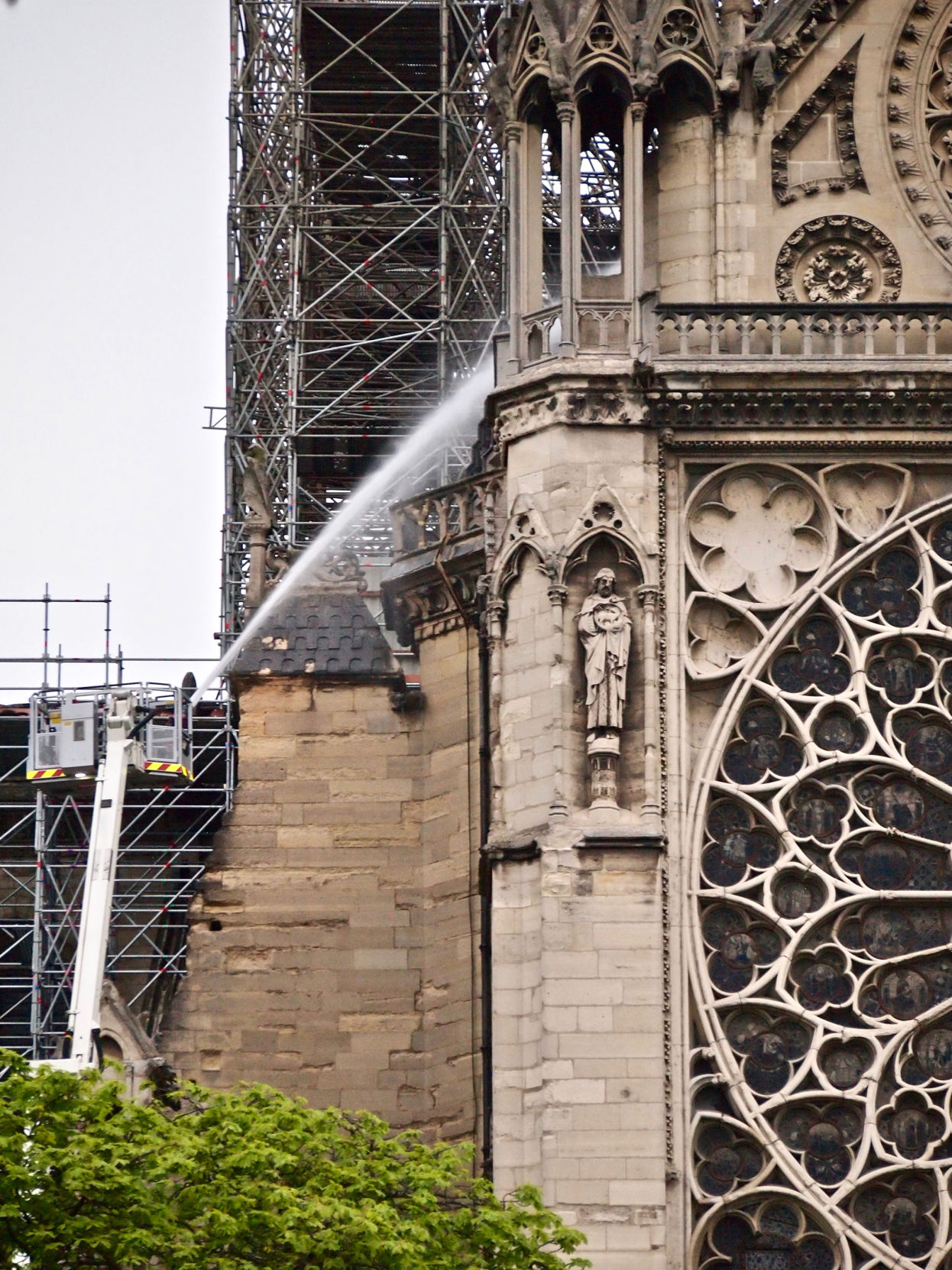 Notre Dame Boom Fire Spray at South Rose Window 4-16-19